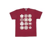 NOREN T-shirt Design Japonais Manches Courtes (JAPANORAMA) 100% Coton Taille Lâche Unisexe Kanji Japonais, Blason de famille rouge foncé, Taille L
