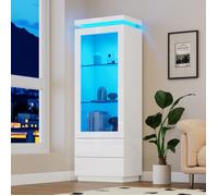 Norevia Vitrine Blanche LED Haute 60x40x171cm Armoire Salon 2 Tiroirs Meuble Rangement Laqué
