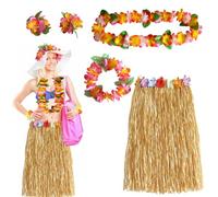 Norhogo 1 Set Jupe Hula en herbe hawaïenne avec Collier Leis de fleurs Bandeau, Costume de Luau tropical pour adultes, Costume de Hula hawaïen pour les fêtes de mascarade, Leis Hawaï
