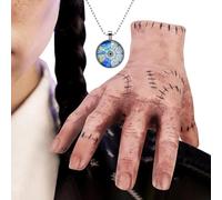 Norhogo Main en latex, main de la famille du mercredi avec un collier en toile d'araignée multicolore, paume en latex à carreaux, accessoires effrayants, décoration pour enfants et adultes, cadeau