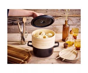 NORI Cocotte en fonte Emaillée avec 2 Paniers Vapeur BEKA Ronde Noir D20