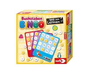 Noris Lettres de Bingo - Apprendre à Apprendre ABC en Toute simplicité, avec 6 Tableaux de Bingo, 26 disques de Lettres, 69 jetons, Sac en Tissu et Instructions en 4 Langues, Jeu éducatif à partir de