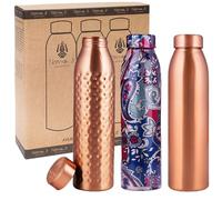 NORMAN JR Bouteille d'eau en cuivre 1 L - Coffret cadeau de 3 pièces : 1 unie, 1 martelée, 1 imprimée en bleu -fabriquée en cuivre avec un design extérieur exceptionnel et des bienfaits pour la santé