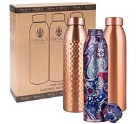 NORMAN JR Bouteille d'eau en cuivre de 1 L - Coffret cadeau de 3, 1 unie, 1 martelée, 1 imprimée en bleu, fabriquée en cuivre, superbe impression extérieure présentant des bienfaits pour la santé