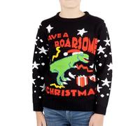 NOROZE Enfants Noël Pull-Over Garçons Filles Rétro Elfe Bonhomme de Neige Père Noël Fairisle Renne Nouveauté Pull Cadeaux Xmas Chandail (11-12 Ans, Rugissant Noël T-Rex Noir)