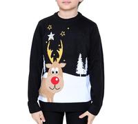NOROZE Garçons Filles Unisexe Enfants Joyeux noël Renne Élan Père Noël Bus de tournée Écharpe de Silencieux Pom Ours Polaire Pulls de Noël Chandail Pull-Over (9-10 Ans, Rodolphe Noir)