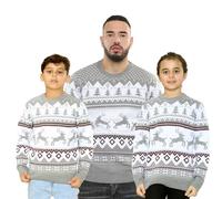 NOROZE Hommes Femmes Garçons Filles Famille Pull de Noël Moche Chandails de Noël Manche Longue Fair Isle Renne Flocon de Neige Arbre de Noël Tricoté Col Rond Pullover (XL, Renne sautant Gris)