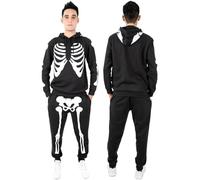 NOROZE Hommes Halloween Squelette Survêtement Sweat à Capuche Pull-Over Joggeur Unisexe Ensemble (L, Squelette Noir)
