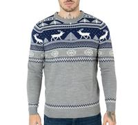 NOROZE Pulls de Noël pour Hommes Pull léger en Maille Style Nordique avec imprimé Rennes | Chandail à Manches Longues et col Rond avec Fermeture éclair au Quart de Pouce (M, Marine)