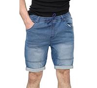 NOROZE Short pour Homme en Coton Denim avec Taille élastique avec Cordon de Serrage Multi-Poches Longueur Genou d'été Retournable Taille (30, Bleu Jean)
