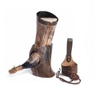 Norse Tradesman Corne à Boire Viking en Bœuf Véritable avec Support et Ornements De Loup en Laiton | The Jarl, Non-Poli, 30 cm | Sac Cadeau en Toile De Jute Inclus