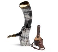 Norse Tradesman Corne de boeuf véritable Viking avec support en corne et ornements de loup en laiton | Sac cadeau en toile de jute inclus | The Jarl, Poli, 30 cm