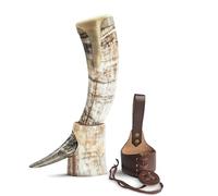 Norse Tradesman Corne de bœuf viking authentique de 30 cm avec support de corne et ornements de loup en laiton | Sac cadeau en toile de jute inclus | The Classic, Brut, 30 cm