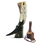 Norse Tradesman Corne de bœuf Viking authentique de 30 cm avec support en corne et bord en laiton | Sac cadeau en toile de jute inclus | The Classic, Poli, 30 cm