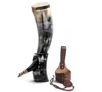 Norse Tradesman Corne de bœuf viking authentique de 50 cm avec support de corne et ornements de loup en laiton | Sac cadeau en toile de jute inclus | "The Fenrir", Poli, 50 cm