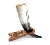 Norse Tradesman Corne de bœuf viking authentique de 50 cm avec support en bois massif gravé avec marteau de Thor | Sac cadeau en toile de jute inclus | The Mjolnir, Poli, 50 cm