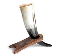 Norse Tradesman Véritable Corne de Bœuf Viking Corne à Boire avec Support en Bois Massif Gravé avec Marteau de Thor | Sac cadeau en toile de jute inclus | The Mjolnir, Poli, 30 cm