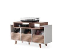 NorStone Meuble Platine vinyle OSLO 1200 - Rangement vinyle - Electroniques Hifi - 3 tiroirs de rangement - Finition Blanc/Chê,e clair - 120 x 64,3 x 40 cm