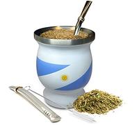 Norte Yerba Mate - Ensemble de tasses isothermes en acier inoxydable bleu et blanc de 237 ml avec 2 bombillas et brosse de nettoyage - Kit traditionnel Yerba Mate pour buveurs de thé, voyage et