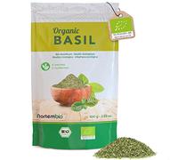 Nortembio Basilic Râpé Biologique 100 g. Origine 100% Naturel. Basilic Frotté sans Additifs ni Conservateurs. Séché Délicatement pour Pesto et Sauces. Emballage Hermétique avec Fermeture Zip.