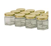 North Mountain Supply Bocaux hexagonaux en verre de 113,4 g avec couvercles à pattes en métal doré 58-2020 - Boîte de 12 - Idéal pour le miel, les confitures, les gelées et le stockage - Remplissage à