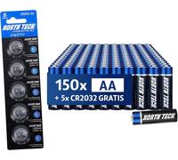 North Tech Aa Ultra Lot De 150 Piles Alcalines + 5 × Cr2032 Gratuites Durable, Anti-Fuite Et Haute Performance Source D'Énergie 1,5 V Pour Appareils À Haute Consommation Durée De Vie D[Z942]