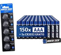 North Tech Aaa Ultra Lot De 150 Piles Alcalines + 5 × Cr2032 Gratuites Durable, Anti-Fuite Et Haute Performance Alimentation 1,5 V Pour Appareils À Courant Élevé Durée De Conservation [Z941]