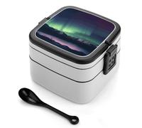 Northern Aurora Night Boîte à bento empilable à 2 couches réutilisables et étanches pour adultes - 935,5 g - Avec cuillère - Passe au micro-ondes et au lave-vaisselle