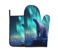 Northern Lights Ensemble de cuisine avec maniques et maniques Motif ours polaire Résistant à la chaleur jusqu'à 180 °C Antidérapant Imperméable Parfait pour cuisiner, pâtisserie, griller, barbecue