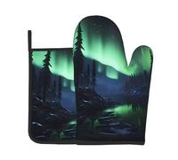 Northern Lights Ensemble de gants de cuisine et maniques résistants à la chaleur jusqu'à 180 °C, antidérapants, imperméables, parfaits pour la cuisine, la pâtisserie, les grillades, les barbecues