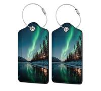 Northern Lights Lot de 2 étiquettes de bagage en cuir avec rabat d'intimité et boucle en métal pour femme et homme Motif forêt enneigée