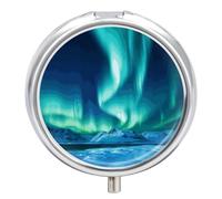 Northern Lights - Pilulier de voyage à 3 compartiments 3 fois par jour - Joli mini pilulier pour sac à main et poche - Boîte à médicaments portable en métal avec miroir rond pour médicaments