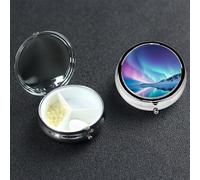 Northern Lights Pilulier décoratif à 3 compartiments avec miroir pour sac à main ou poche Petit pilulier rond en métal pour médicaments, comprimés et vitamines, cadeau de voyage