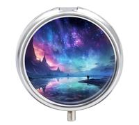 Northern Lights - Pilulier rond à 3 compartiments avec miroir de voyage, petit pilulier de voyage, organisateur de vitamines portable pour le quotidien pour poche et sac à main