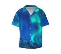 Northern Lights Print Hommes Léger Élégant Classique Col Cubain Style Manches Courtes Pratique Sac, Noir , Small