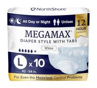 NorthShore MegaMax Lot de 10 couches de nuit pour adulte, style languette 12 heures, grand sac, blanc, 106,7 à 137,2 cm, sous-vêtements d'incontinence unisexes