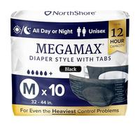 NorthShore MegaMax Lot de 10 couches de nuit pour adulte, style languette 12 heures, taille M, noir, 81,3 à 111,8 cm, sous-vêtements d'incontinence unisexes