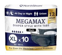 NorthShore MegaMax Lot de 10 couches de nuit pour adulte, style languette 12 heures, taille XL, noir, 127 à 152,4 cm, sous-vêtements d'incontinence unisexes