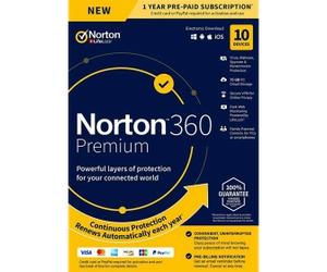 Norton 360 Premium | 10 Installations | Licence annuelle | Comprend 75 Go de stockage dans le Cloud