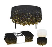 NORZEE 12-Pack Black Disposable Tablecloths, 84" Round Table Cover, Plastic Table Cloth with Gold CONFETY