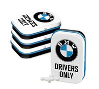 Nostalgic-Art Boîte à pilules rétro 4 x 6 x 1,6 cm, produit original sous licence (OLP) BMW - Drivers Only White (lot de 4), avec dragées à la menthe poivrée, design vintage