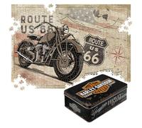 Nostalgic-Art Puzzle Retro 1000 Pièces 68 x 48 cm Route 66 - Harley-Davidson Bike Map Idée de Cadeau pour les Fans d'Amérique Adultes Boîte Métallique Vintage