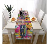 Nostalgie Enregistreur Chemin de Table Lavable Facile d'entretien, Grain de Bois Graffiti Chemin de Table pour Décorations de Table Anniversaire Armoires Dîner Cuisine Fête Mariage 30 x 100 cm