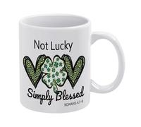 Not Lucky Simply Blessed Tasse à café en céramique blanche de 325 ml, tasse à thé imprimée des deux côtés avec poignée ergonomique en C, fond épais en porcelaine pour la maison, le bureau, la cuisine