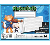 Notenheft mit Hilfslinien Lineatur 14 Größe A5+ Querformat für Kinder: 4 Große Notensysteme pro Seite (18 mm Rastralhöhe) | 21 x 15,24 cm - 54 Blatt ... für Komponisten, Schüler & Musikunterricht