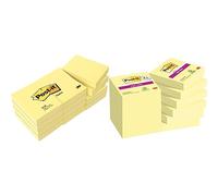 Notes Post-it Super Sticky, Jaune Canari et Jaune Pastel, 47.6 mm x 47.6 mm et 51 mm x 38 mm, 90 et 100 Feuilles par Bloc, 8 Blocs + 4 GRATUITS & Pack de 12 Blocs