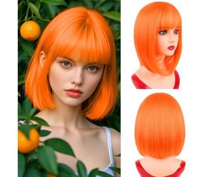 NOTICEME Perruque orange vif de 35,6 cm avec frange, perruques synthétiques courtes et raides résistantes à la chaleur pour femme avec sangles réglables et bonnet de perruque pour fête, cosplay, usage