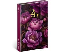 NOTIQUE Agenda 2026 - Mini agenda de poche, env. A6, avec fermeture magnétique, semainier compact, 11 x 16 cm, couverture rigide, avec aperçu mensuel, motif de fleurs violettes
