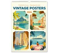 NOTIQUE Calendrier mural 2026 - Poster vintage - Paradis tropicaux - Paysages exotiques et motifs de plage - Calendrier photo 33 x 46 cm