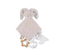 NOUKIE’S - Doudou Lapin Moka - Peluche Hochet avec Activités et Etiquettes Ludiques - Attache Sucette et Fonction Marionnette - Jouet Réconfortant et Sensoriel pour Bébé - Cadeau Naissance